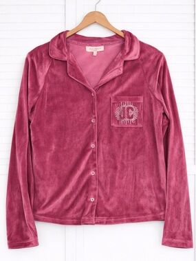 Juicy Couture Fuchsia Pink Velour Button Up Pajama Top Small Rhinestone Logo Y2K